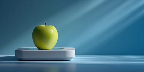 Green apple placed on a modern white scale, sunrays and blue background, clean and minimal composition

