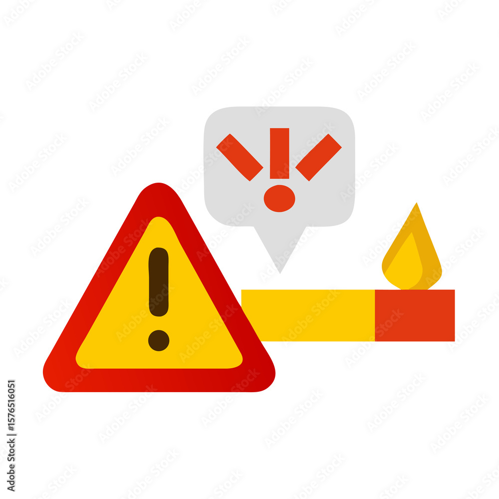 Poster a bold warning sign with exclamation points and a burning object on a transparent background, signif