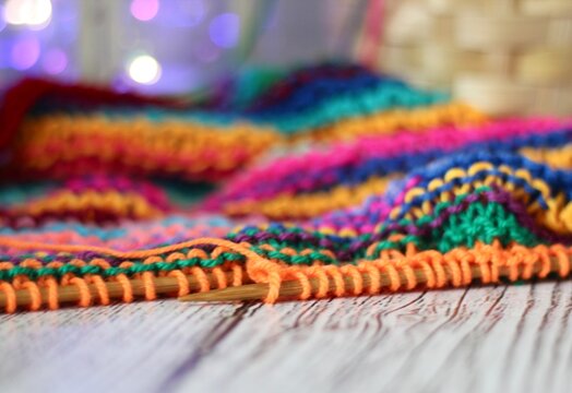 Knitting in process multicolor thing and needles handmade craft gobby photo