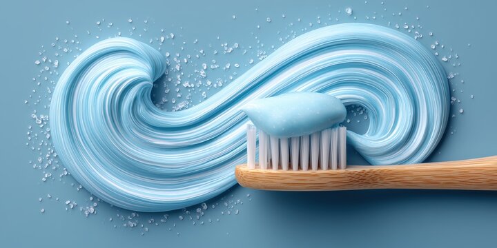 Wooden toothbrush with blue toothpaste and swirl pattern, salt crystals on pastel blue background

