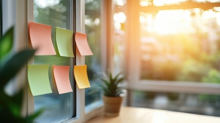 Colorful sticky notes on window