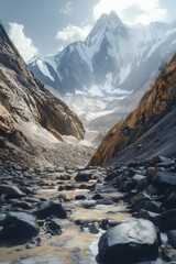 A mysterious resin seeping from the cracks of ancient Himalayan mountains in summer heat, high altitude, rocky terrain, sacred atmosphere