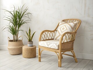 Empty wall mockup in warm neutral beige room interior with wicker armchair, palm plant in woven basket, boho style decoration and free space. Illustration, 3d rendering