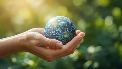 World Population. Esg etf fintech Anthropocene nature-based Decarbonization sbti EcoVadis Aidash Neoen Ecoligo Hand holding Earth globe with green blurred nature b