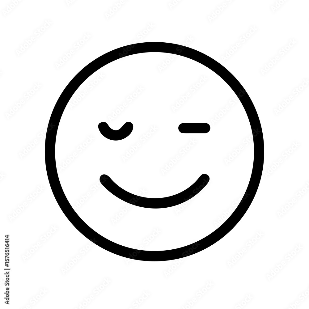 Poster simple line art emoji illustration of a winking smiley face with a minimalist design on a transparen