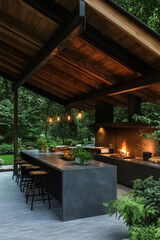 Outdoor kitchen countertop styled like natural stone, in a modern summer gazebo with a fireplace