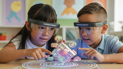 Digital Discovery: Two children wearing augmented reality glasses explore a holographic cube with interactive projections, symbolizing the innovative potential of educational technology