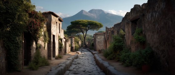 Ancient pompeii streets with mount vesuvius before eruption