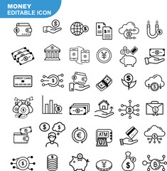 Money Icon Set. Editable Line Icons of Finance, Banking, Currency, Dollar, Wallet, Coin, Income, Payment, Savings, Investment, Budget, and Financial Symbols for Business Use