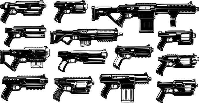 toy nerf gun silhouette, black and white silhouette, vector and illustration
