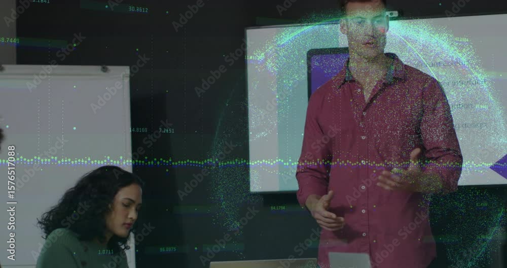 Poster presenter starting data briefing, colleagues typing and asking with animated graphs showing data