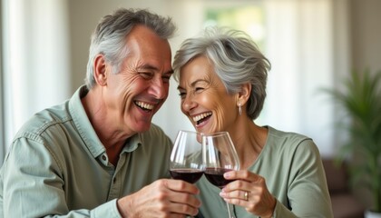 Joyful elderly couple toasting with wine glasses