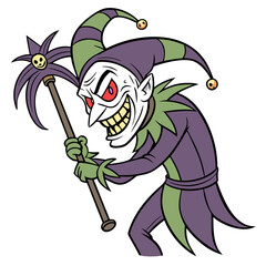 Sinister Cartoon Jester – Grotesque Elderly Trickster with Scepter and Malicious Grin