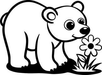 Fototapeta premium Cartoon bear with flowers illustration in SVG format.Cute Cartoon Bear Sniffing Flower in Black and White Design