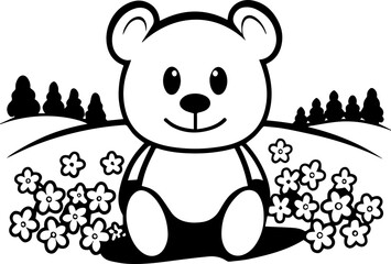 Fototapeta premium Cartoon bear with flowers illustration in SVG format.Cute Cartoon Bear Sitting in Flower Field with Trees