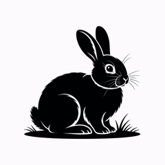 Elegant Black Rabbit Silhouette Sitting on Grass Isolated on White Background Vector Illustration for Easter Spring or Animal Themed Designs and Projects