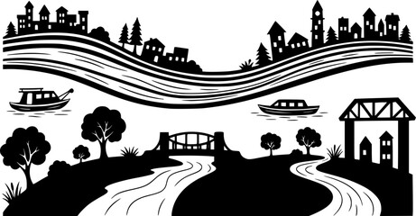 set of toy serene river curves with trees silhouette, black and white silhouette, vector and illustration
