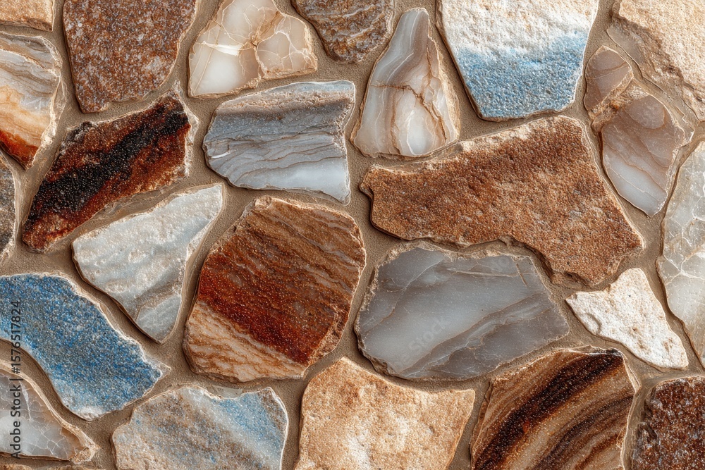 Poster close up of a stone wall pattern with various shaped rocks and earthy tones offering a rustic textur