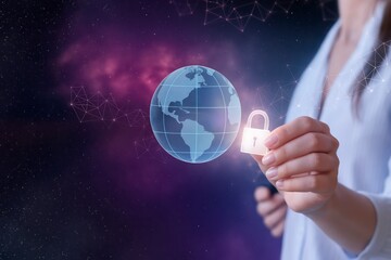 Global Cybersecurity and Data Protection Concept Showing Woman Holding Lock Icon with Digital World Globe Hologram in Space Background