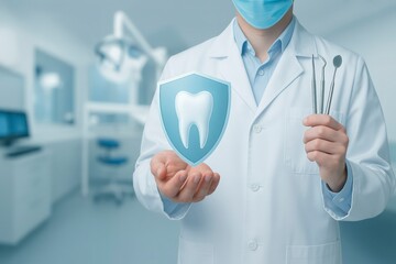 Dentist Holding Dental Health Shield and Dental Tools Concept for Oral Hygiene, Tooth Protection, and Dental Care Services