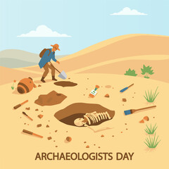 Archaeologists Day excavation landscape, vector art illustration.