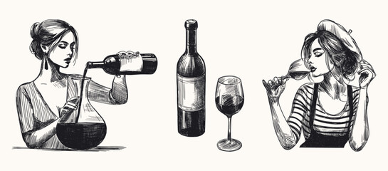 wine tasting ritual set isolated hand drawn sketch line art illustrations with woman pouring wine from bottle into decanter holds wine glass for wine culture design