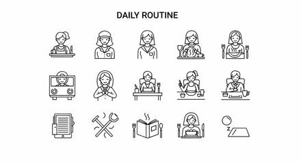 Daily Routine Icons Line Art Depicting Everyday Activities and Professions.
