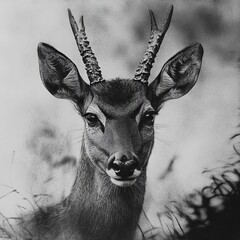Close-up black and white photo of a bush deer's snout. Wild animal portrait with texture and contrast.