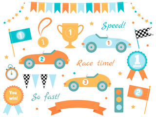 Bright and cute nabio for children with elements of racing, cars, flags and rewards
