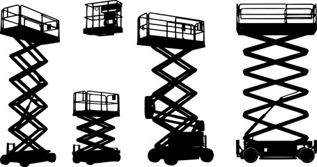 set of scissor lift machine silhouette, black and white silhouette, vector and illustration
