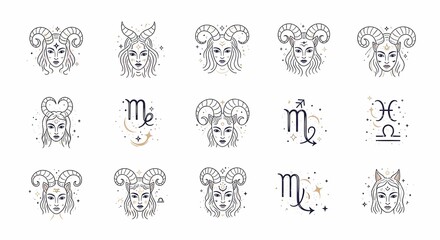 Elegant Zodiac Signs Minimalist Line Art with Celestial Accents on White Background.