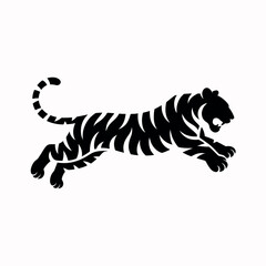 Black Tiger Silhouette Leaping with Stripes and Tail Curled on a White Background for Graphic Design and Illustration Projects
