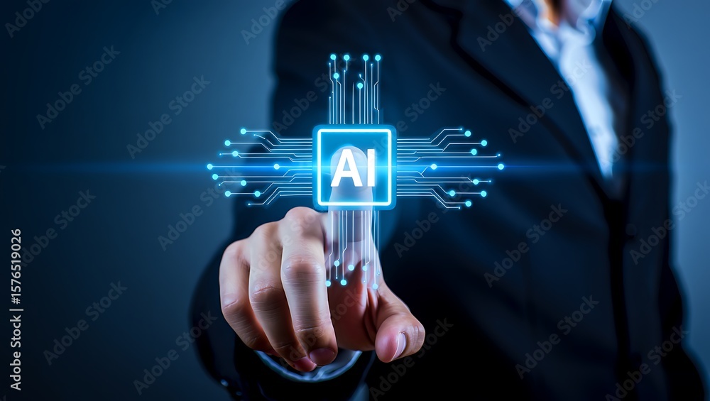 Poster businessman using ai touchscreen interface, navigating the future of technology with ai-powered solu