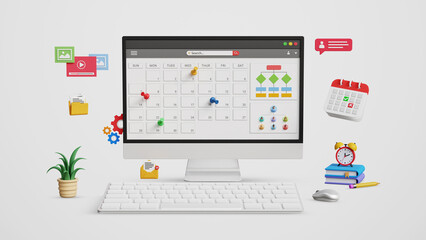 Organize schedules and projects, schedule planning management concept. Digital schedule calendar software, work time management, meetings, appointments. Calendar dashboard on computer. 3D illustration