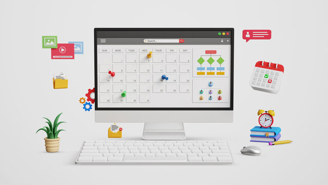 Organize schedules and projects, schedule planning management concept. Digital schedule calendar software, work time management, meetings, appointments. Calendar dashboard on computer. 3D illustration