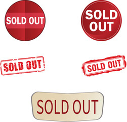 A collection of five sold out signs in red and white with varying shapes and styles on a white background
