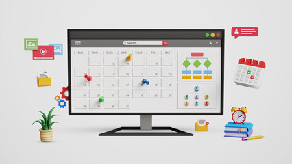 Organize schedules and projects, schedule planning management concept. Digital schedule calendar software, work time management, meetings, appointments. Calendar dashboard on computer. 3D illustration