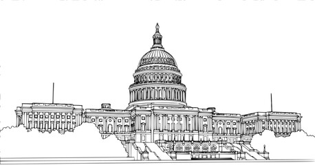 set of Washington capitol building line art, black outline, vector and illustration, coloring book page line art drawing
