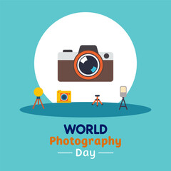 Photography world day camera photographic equipment, vector art illustration.