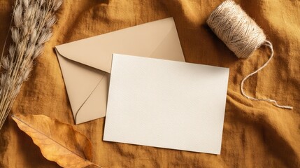 Blank menu card and envelope styled on a mustard fabric background for autumn holiday branding mockup