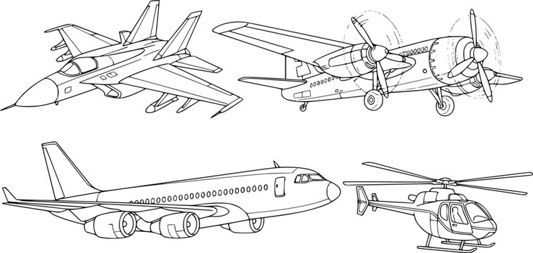 set of aircraft line art, black outline, vector and illustration, coloring book page line art drawing
