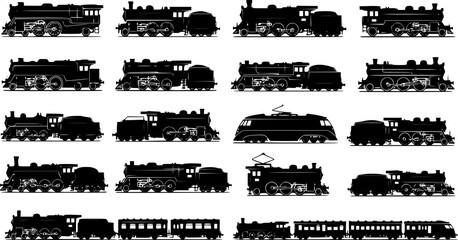 Set of Locomotive train silhouette, black and white silhouette, vector and illustration
