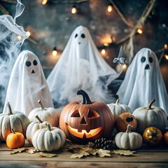 Bride in a wedding dress enjoying a Halloween trick or treat celebration with pumpkins and ghosts