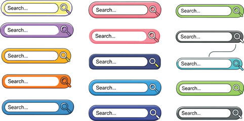 A collection of colorful search bars with magnifying glasses on a light blue background
