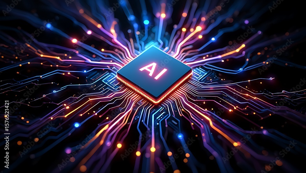 Poster ai chip with glowing circuits radiating outward, artificial intelligence microchip with vibrant data