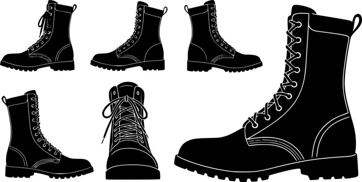 set of combat boot silhouette, black and white silhouette, vector and illustration
