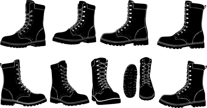 set of combat boot silhouette, black and white silhouette, vector and illustration

