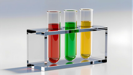 Three glass laboratory test tubes containing bright red, green and yellow liquids are mounted in a clear acrylic stand. The image focuses on the chemical solutions, highlighting their purity and diffe