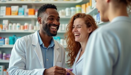 Obraz premium Joyful pharmacists sharing a laugh in a bright pharmacy