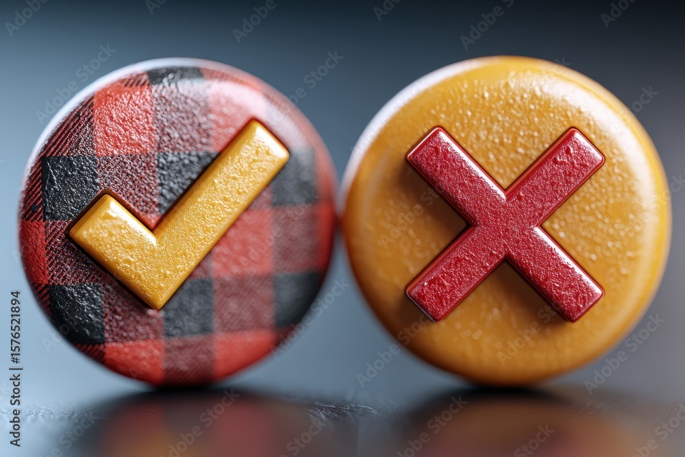 Poster black circle with golden check mark and red circle with white x symbol signifying approval and rejec
